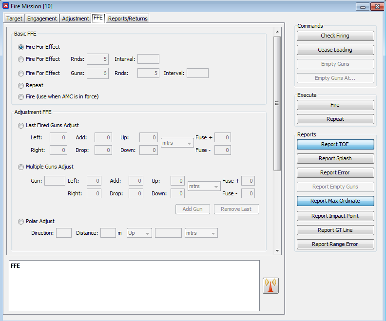 ∆ Image VBS3Fires_41: Fires Fire Mission 2nd Panel FFE(Fire For Effect) tab window